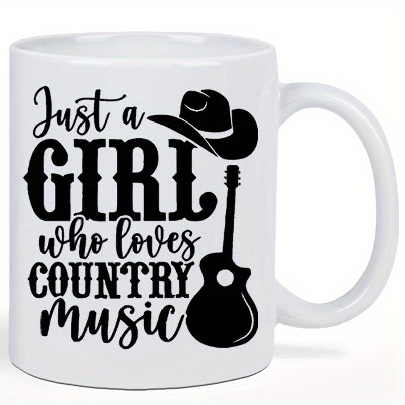 Tailorly White Ceramic 11 oz Mug - Just A Girl Who Loves Country Music Western Acoustic Guitar Silhouette Featuring A Classic Black Cowboy Hat Guitar