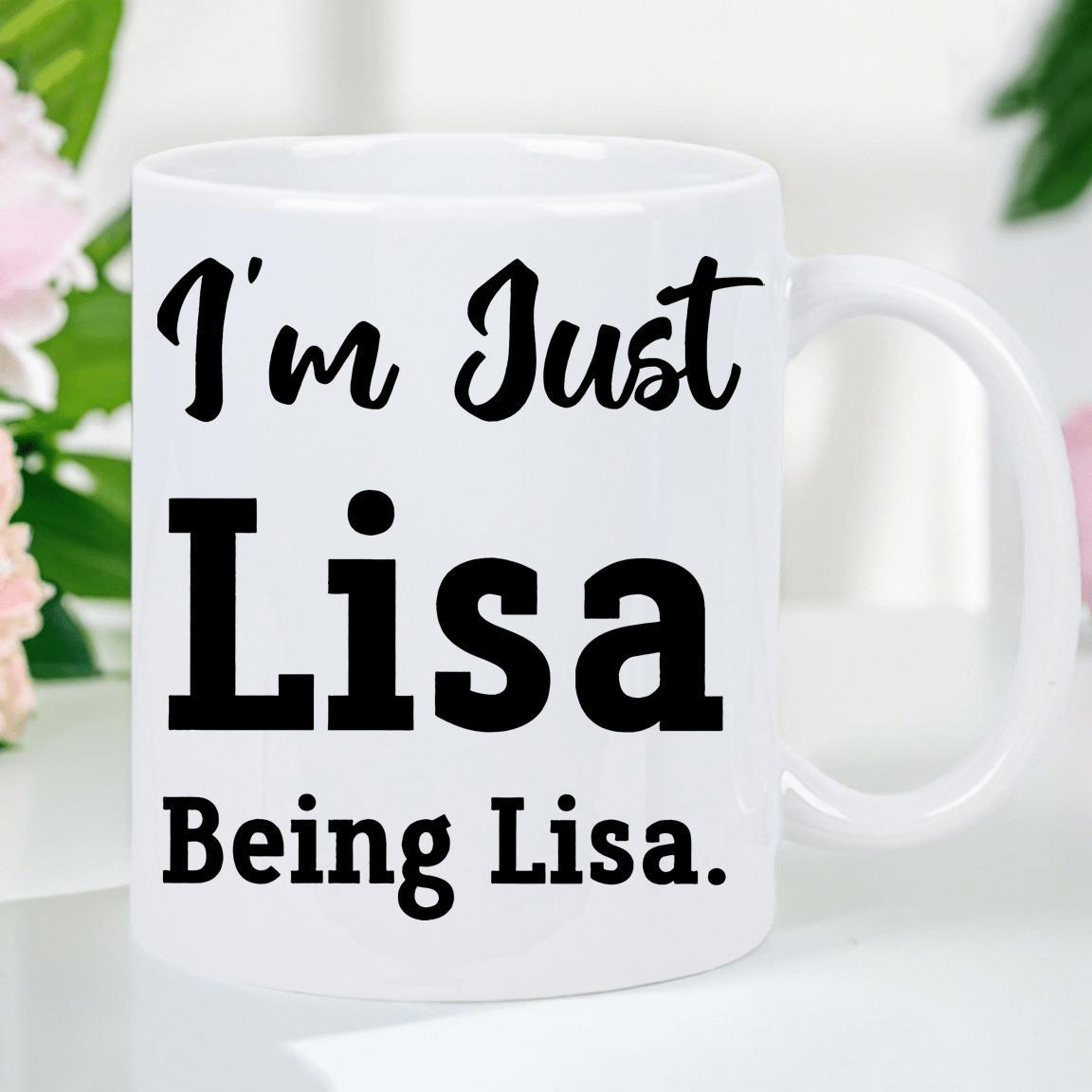 Tailorly White Ceramic 11 oz Mug - Im Just Lisa Being Lisa Minimalist Clean White Ceramic Kitchenware Sitting On A White Table Surface Mug