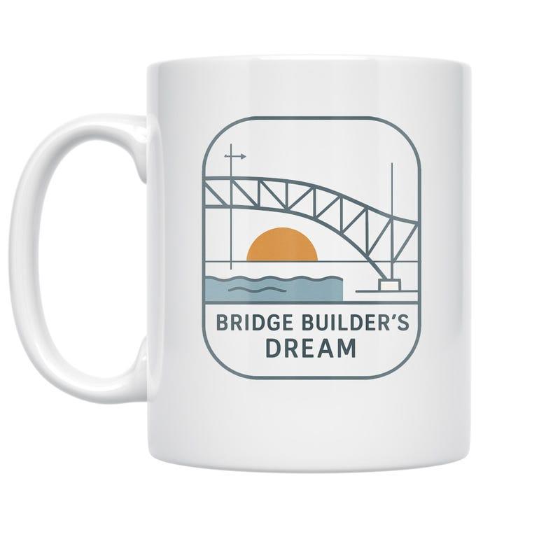 Tailorly White Ceramic 11 oz Mug - Bridge Builders Dream Minimalist Line Art With Sun Setting Over Gentle Ocean Waves Bridge