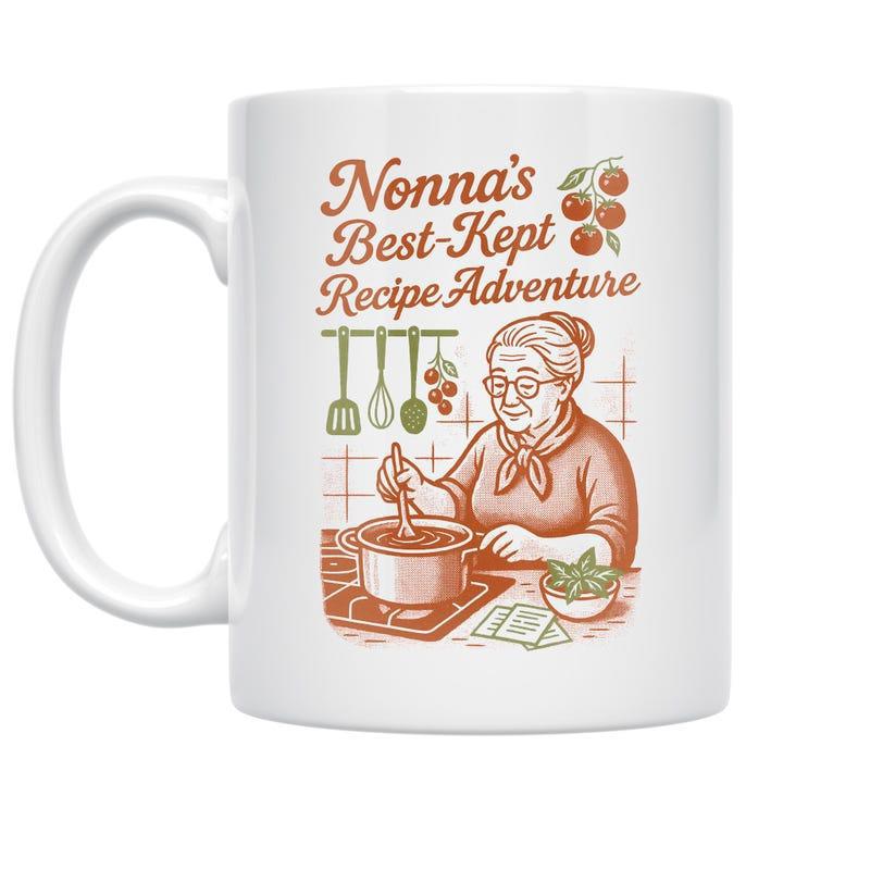 Tailorly White Ceramic 11 oz Mug - Nonna s Best Kept Recipe Adventure Vintage Style Illustration Showing A Smiling Elderly Lady Preparing Delicious Food