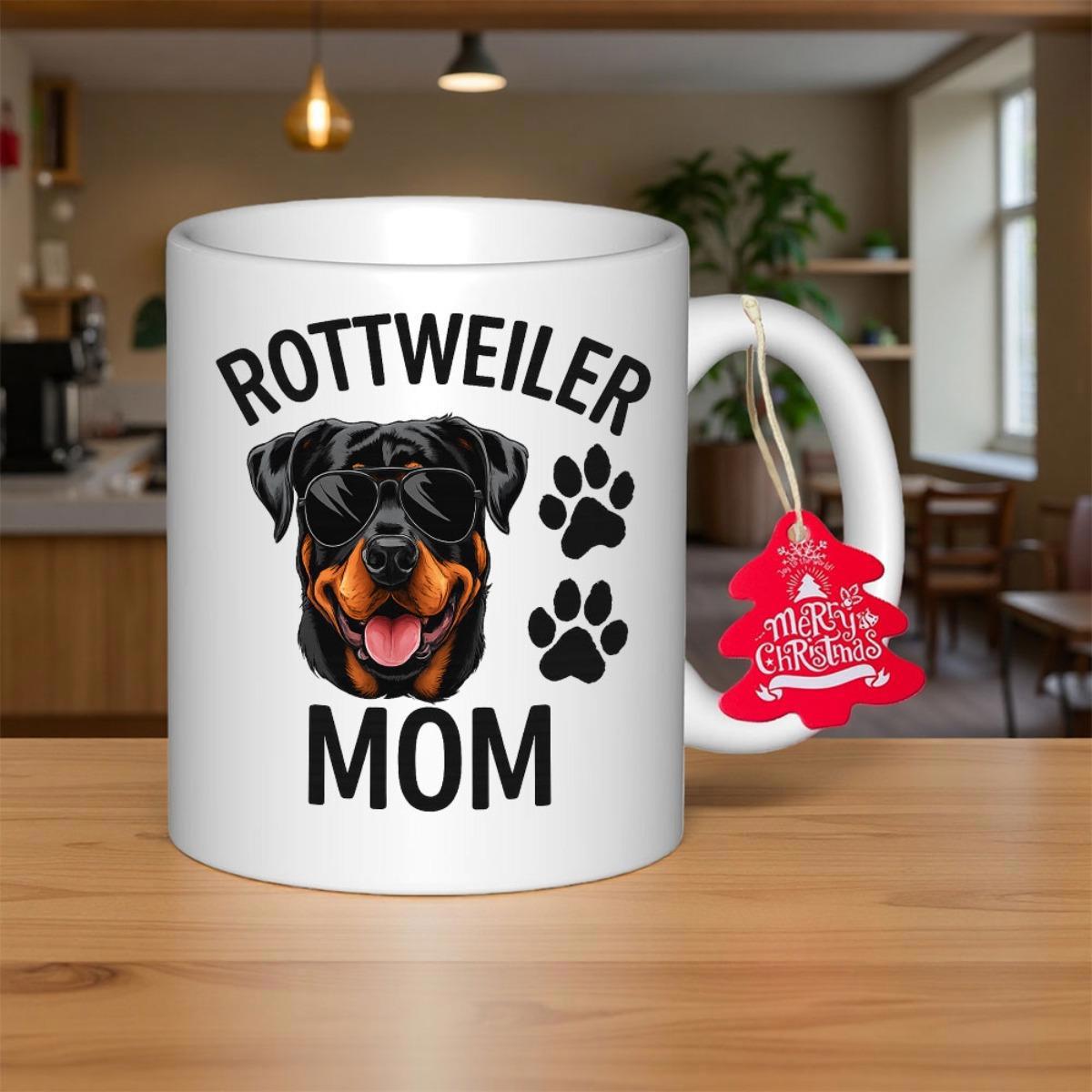 Tailorly White Ceramic 11 oz Mug - Rottweiler Mom Cool Dog Wearing Dark Sunglasses With Decorative Paw Prints Rottweiler
