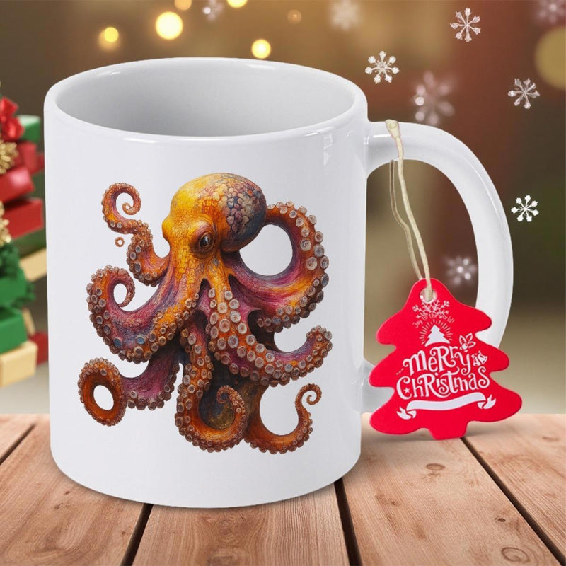 Tailorly White Ceramic 11 oz Mug - Vibrant Orange Sea Creature With Curled Tentacles Floating In Deep Water Octopus
