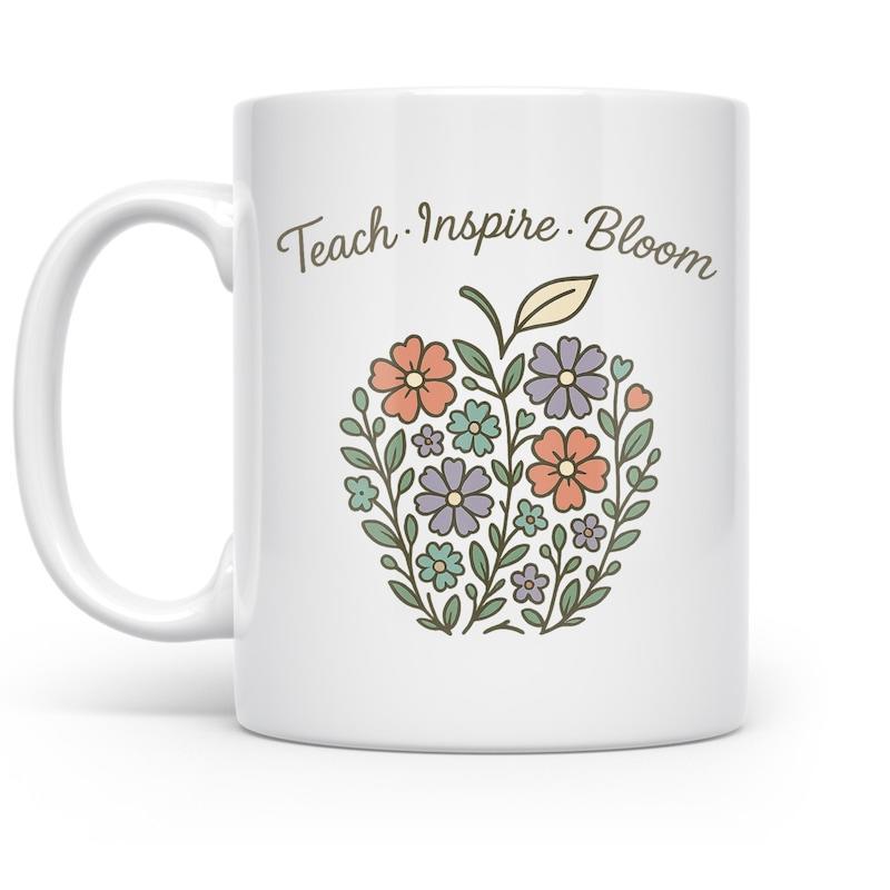 Tailorly White Ceramic 11 oz Mug - Teach Inspire Bloom Beautiful Colorful Flowers Forming Into The Shape Of A Vibrant Apple