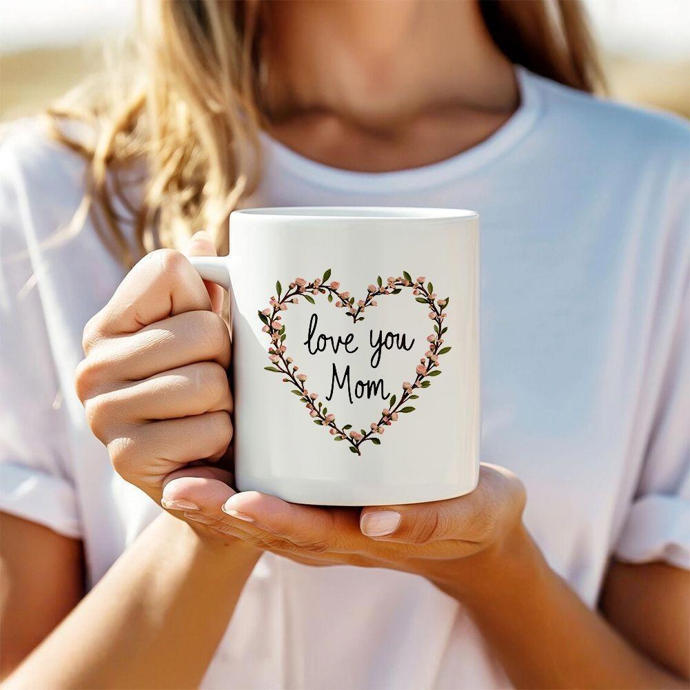 Tailorly White Ceramic 11 oz Mug - Love You Mom Delicate Wreath Of Small Leaves Forming A Beautiful Artistic Natural Heart