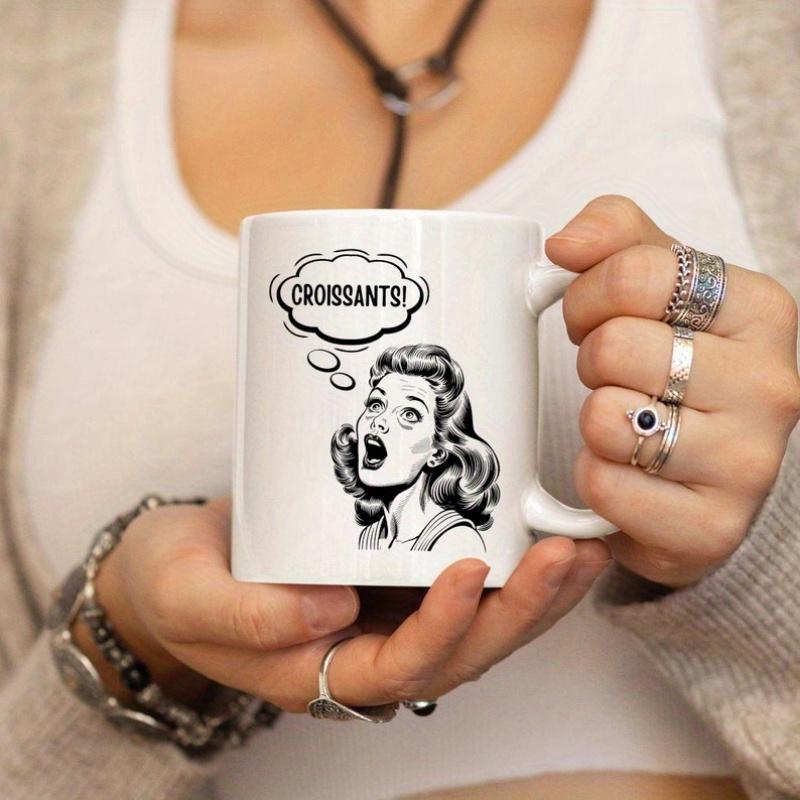 Tailorly White Ceramic 11 oz Mug - Croissants Vintage Pop Art Style Surprise Expression With Thought Bubble Woman