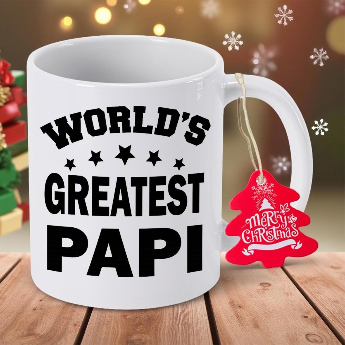 Tailorly White Ceramic 11 oz Mug - Worlds Greatest Papi Bold Black Block Lettering Featuring Five Stars On A Smooth Ceramic Mug