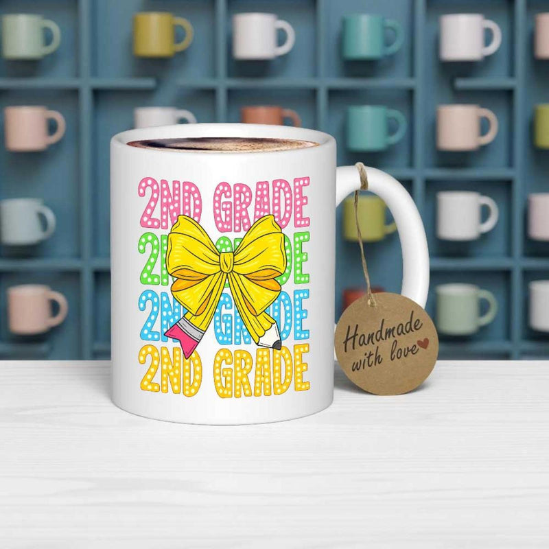 Tailorly White Ceramic 11 oz Mug - 2nd Grade Vibrant Colorful Checkered Letters Behind A Unique Artistic Yellow Pencil Bow