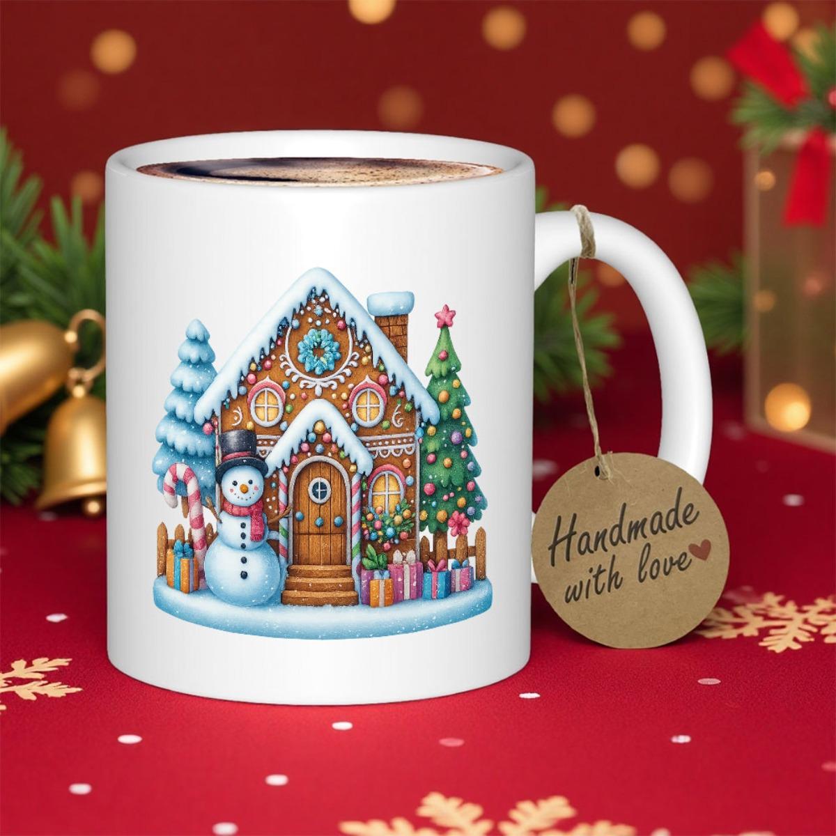 Tailorly White Ceramic 11 oz Mug - Festive Gingerbread House With Snowman And Candy Canes Under Snowy Pines House