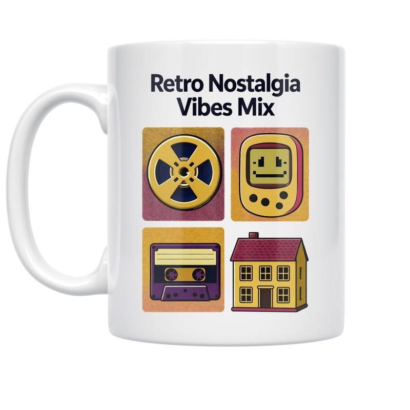 Tailorly White Ceramic 11 oz Mug - Retro Nostalgia Vibes Mix Four Vintage Elements Arranged In Squares Creating A Nostalgic Atmosphere Graphic