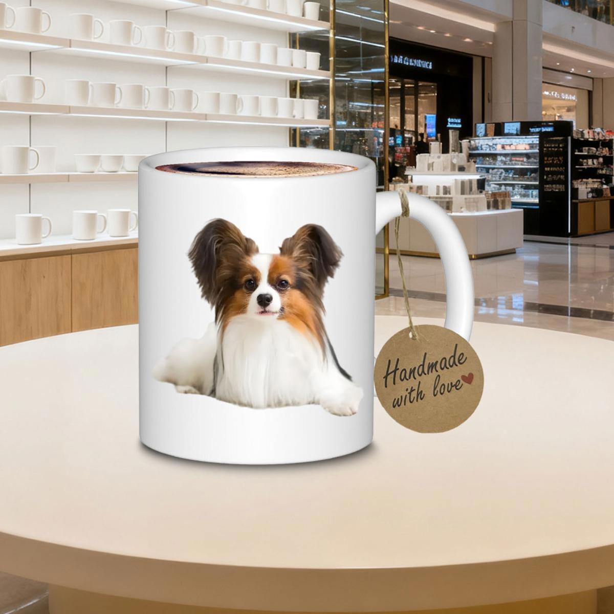 Tailorly White Ceramic 11 oz Mug - Handmade With Love Majestic Long Haired Dog With Large Ears Resting Peacefully Papillon