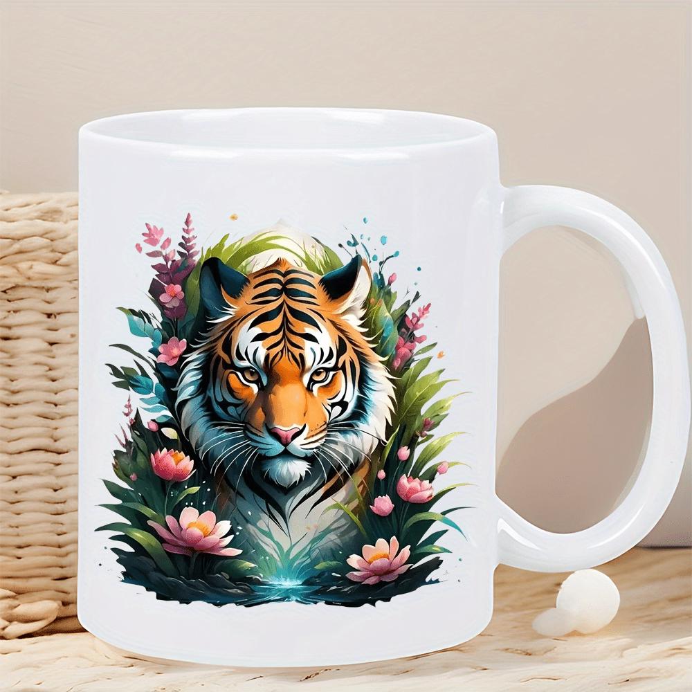 Tailorly White Ceramic 11 oz Mug - Majestic Wild Predator Emerging From Vibrant Tropical Flowers And Dense Green Foliage Tiger