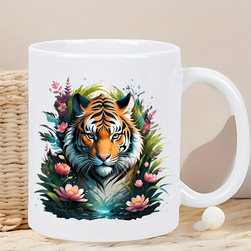 Tailorly White Ceramic 11 oz Mug - Majestic Wild Predator Emerging From Vibrant Tropical Flowers And Dense Green Foliage Tiger