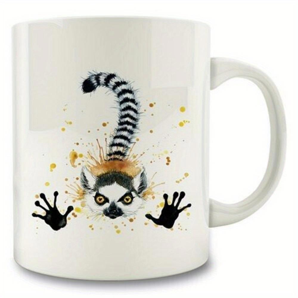 Tailorly White Ceramic 11 oz Mug - Curious Ring Tailed Lemur With Expressive Eyes Among Artistic Watercolor Splatters Lemur