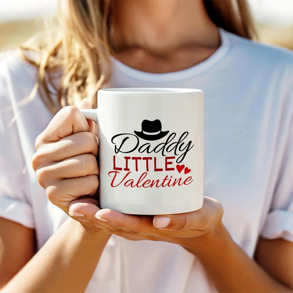 Tailorly White Ceramic 11 oz Mug - Daddy Little Valentine Rustic Western Style Hat Among Tiny Decorative Red Floating Hearts