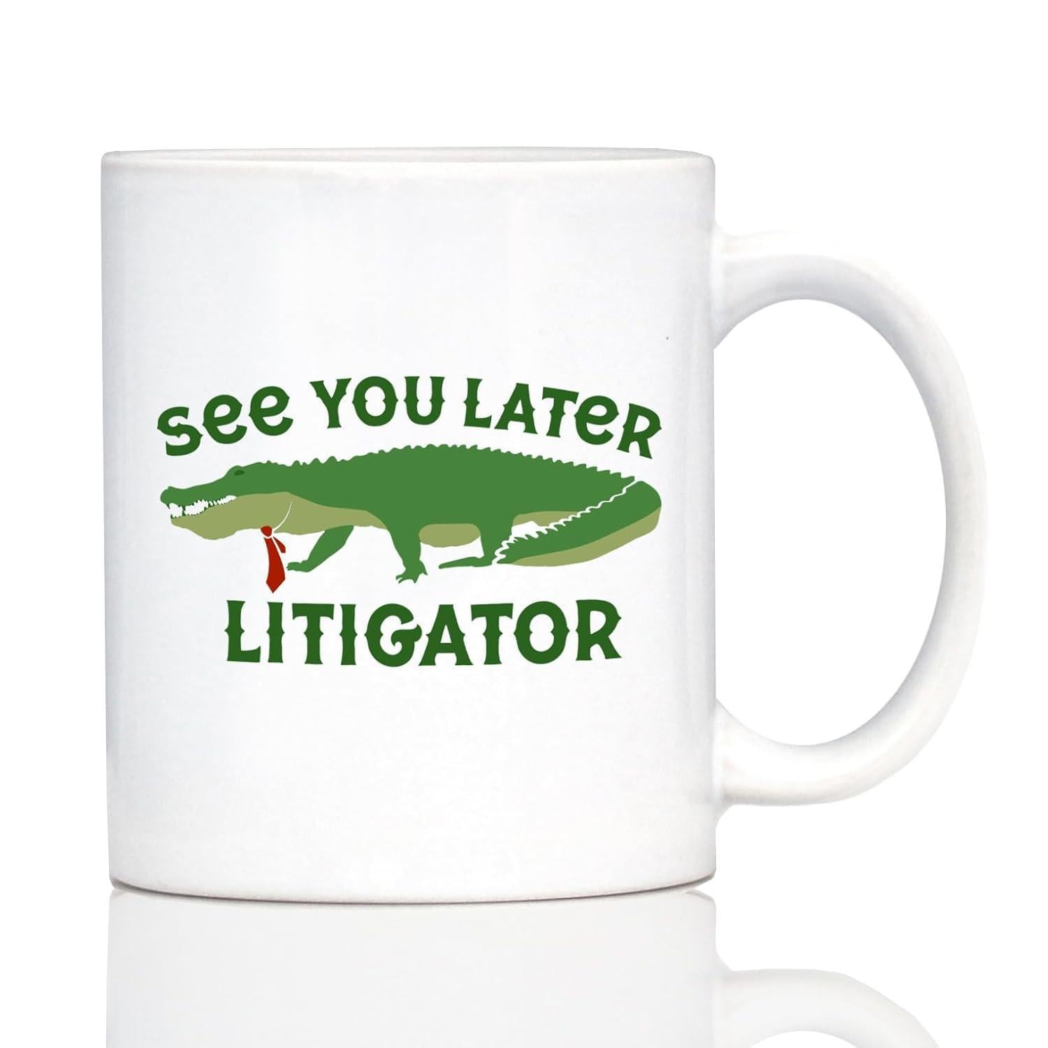 Tailorly White Ceramic 11 oz Mug - See You Later Litigator Green Alligator Wearing Professional Red Necktie Walking On Plain White Background Alligator