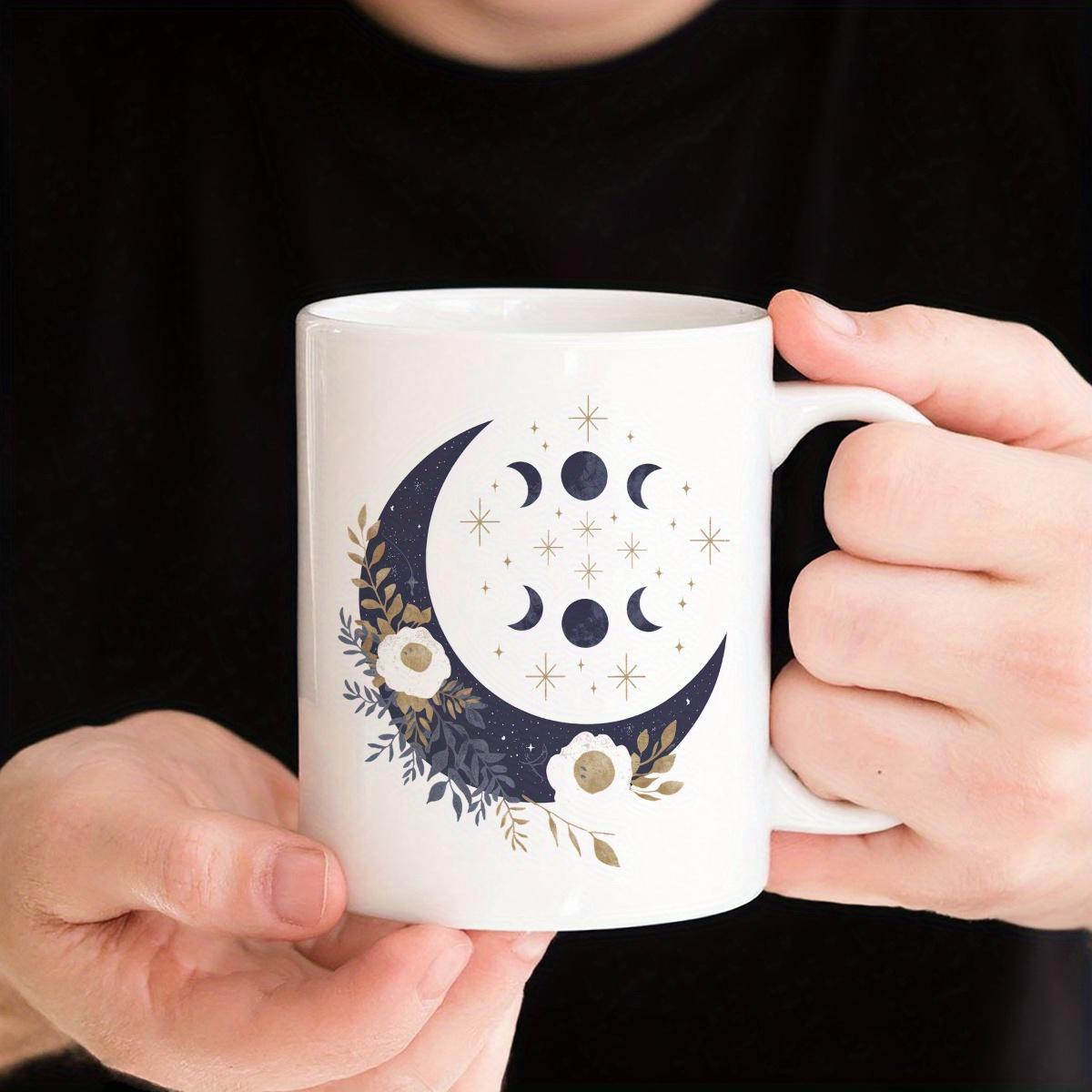 Tailorly White Ceramic 11 oz Mug - Elegant Floral Celestial Pattern Within A Crescent Shape Among Stars Moon