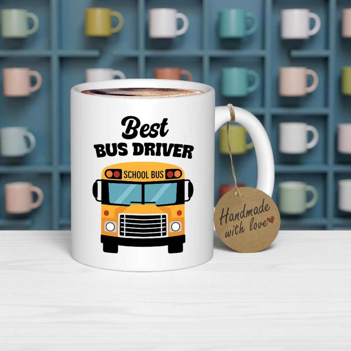 Tailorly White Ceramic 11 oz Mug - Best Bus Driver Classic Yellow Vehicle With Black Details And Front Facing Windows Bus