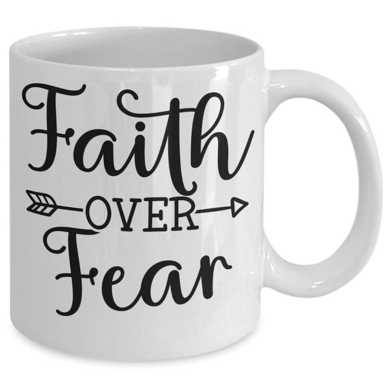 Tailorly White Ceramic 11 oz Mug - Faith Over Fear Elegant Minimalist Script Typography With Centered Decorative Horizontal Directional Arrow