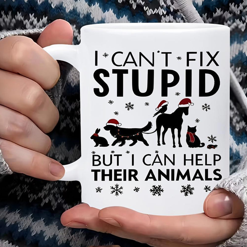 Tailorly White Ceramic 11 oz Mug - I Cant Fix Stupid But I Can Help Their Animals Festive Silhouettes Of Pets Wearing Red Santa Hats Among Winter Snowflakes