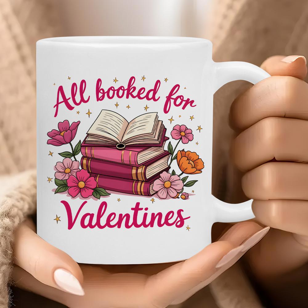 Tailorly White Ceramic 11 oz Mug - All Booked For Valentines Stacked Books Surrounded By Vibrant Garden Flowers And Shimmering Stars Books