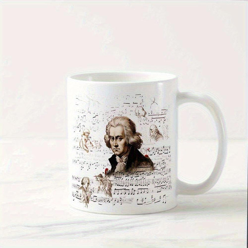 Tailorly White Ceramic 11 oz Mug - Vintage Sketch Style Classical Musician Surrounded By Elegant Artistic Musical Notes Composer