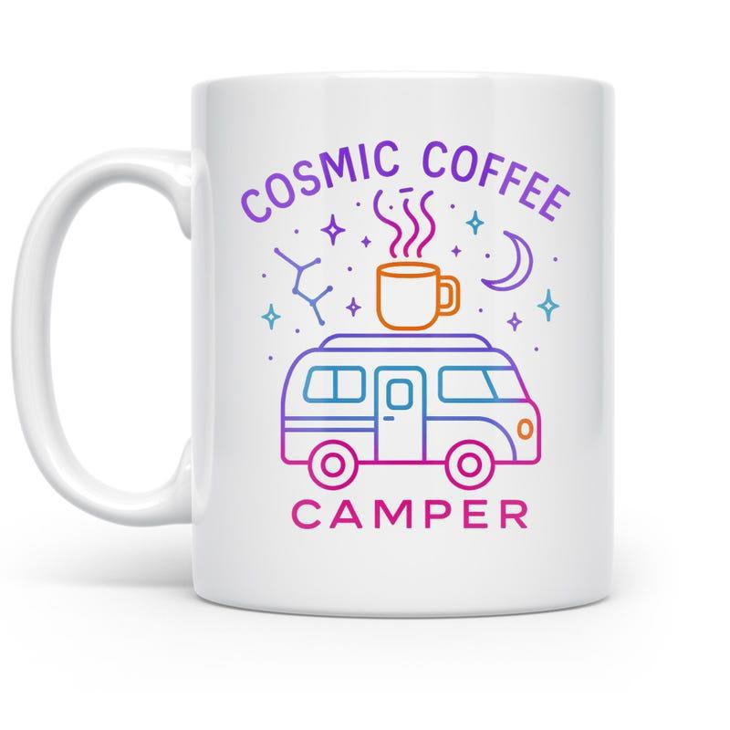 Tailorly White Ceramic 11 oz Mug - Cosmic Coffee Camper Retro Van Traveling Under Night Sky Stars And Steaming Camper