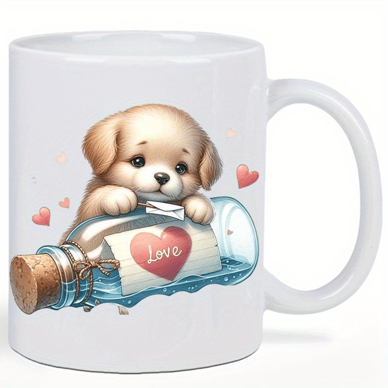 Tailorly White Ceramic 11 oz Mug - Love Adorable Golden Retriever Resting On A Glass Message Bottle With Heart Puppy