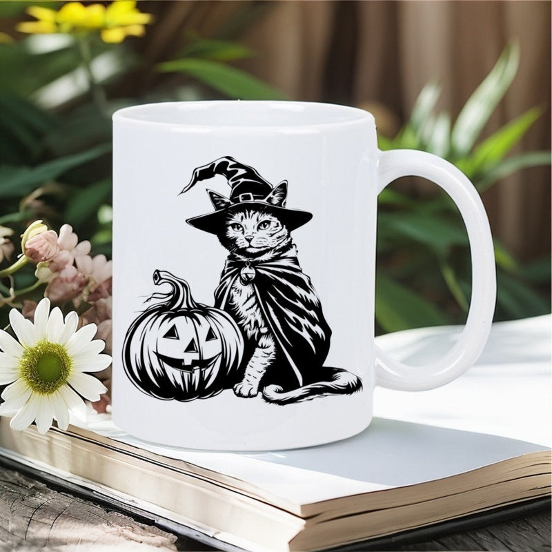 Tailorly White Ceramic 11 oz Mug - Mystical Halloween Feline Wearing Pointed Witch Hat Beside A Carved Grinning Pumpkin Cat