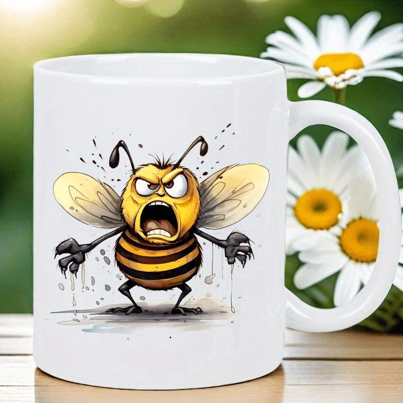 Tailorly White Ceramic 11 oz Mug - Angry Yellow And Black Striped Insect With Wings Spread Wide Bee