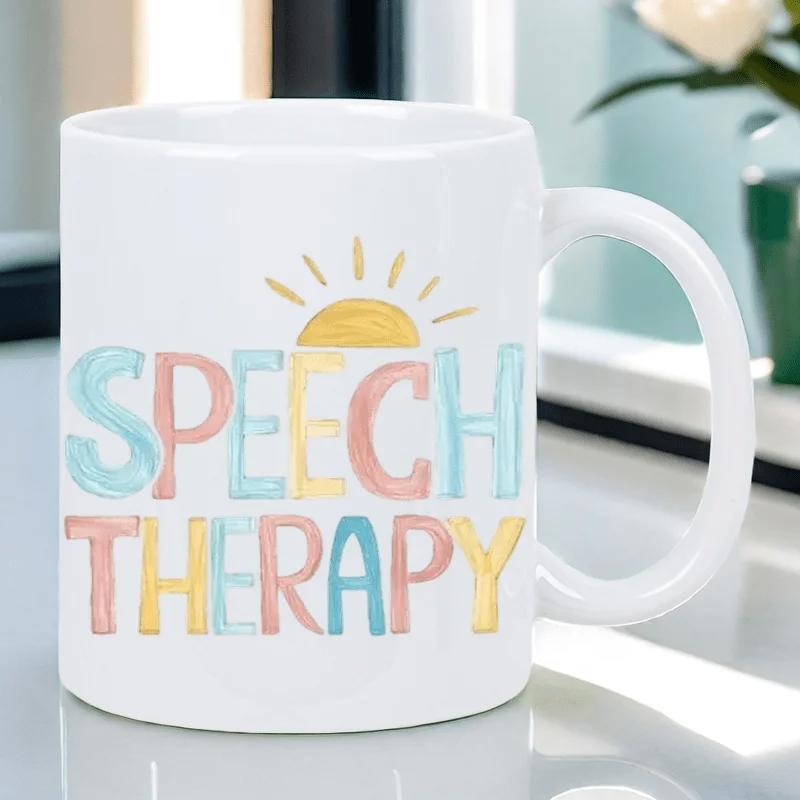 Tailorly White Ceramic 11 oz Mug - Speech Therapy Colorful Vibrant Rising Sun Radiating Happiness With Pastel Letters Sun