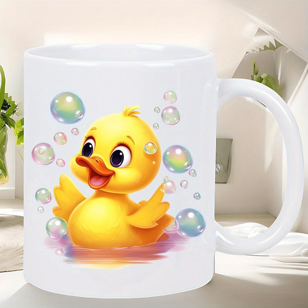 Tailorly White Ceramic 11 oz Mug - Adorable Yellow Cartoon Duckling Floating Among Colorful Bubbles On Gentle Water Duck
