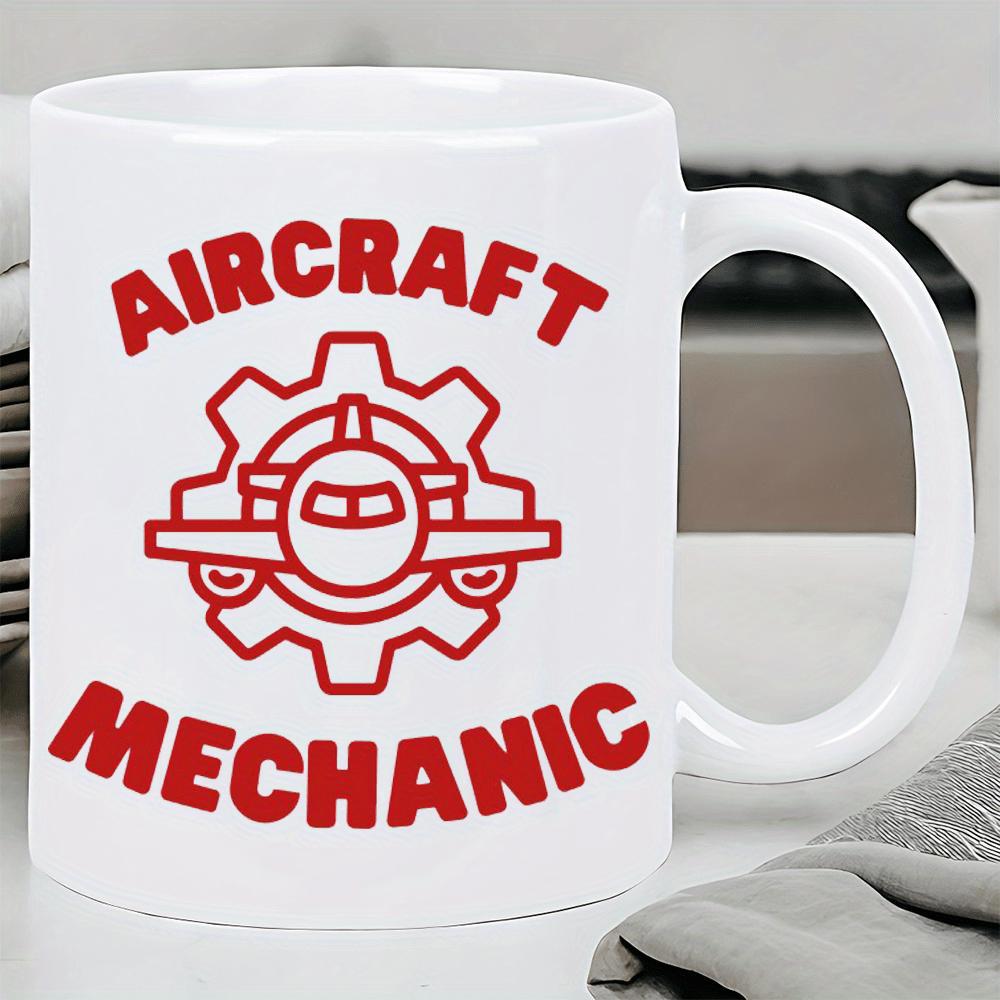 Tailorly White Ceramic 11 oz Mug - Aircraft Mechanic Bold Red Industrial Gear Outline With Minimalist Line Art Aircraft