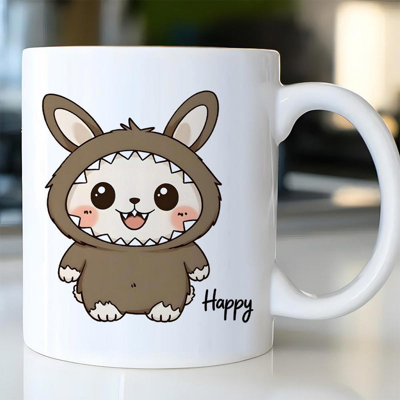 Tailorly White Ceramic 11 oz Mug - Happy Cute Little Animal Wearing Brown Shark Onesie Sitting Peacefully On Surface Creature