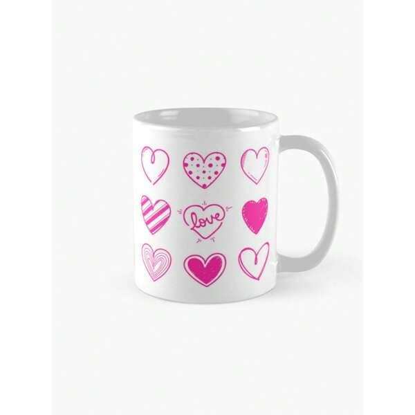 Tailorly White Ceramic 11 oz Mug - Love Sweet Hand Drawn Hearts With Various Pink Patterns And Artistic Styles Heart