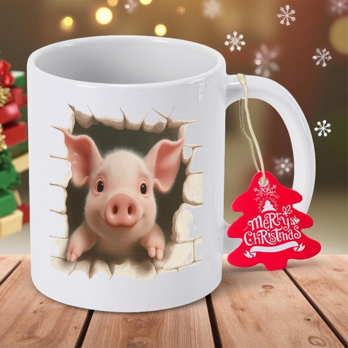 Tailorly White Ceramic 11 oz Mug - Merry Christmas Adorable Pink Piglet Peeking Through A Broken Stone Wall Structure Piglet