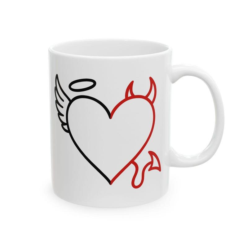 Tailorly White Ceramic 11 oz Mug - Minimalist Line Drawing Combining Angel Wings And Devil Horns Symbol Heart