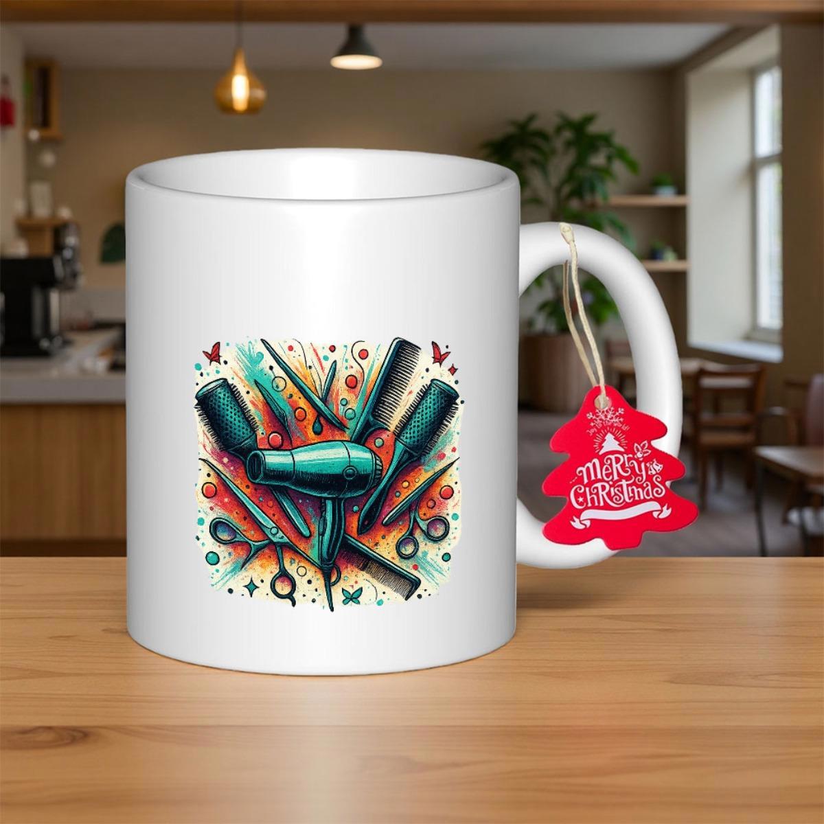 Tailorly White Ceramic 11 oz Mug - Vibrant Colorful Salon Tools Arrangement With Artistic Splashes And Professional Styling Equipment Hairdryer