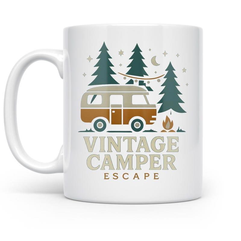 Tailorly White Ceramic 11 oz Mug - Vintage Camper Escape Retro Brown Van Parked In Evergreen Forest Under Crescent Moon And Stars Camper