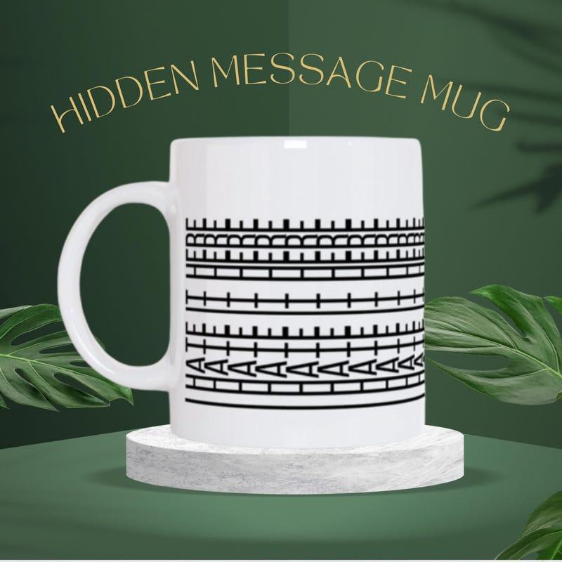 Tailorly White Ceramic 11 oz Mug - Hidden Message Mug Sleek White Ceramic Vessel Featuring Horizontal Linear Black Geometric Decorative Art Mug