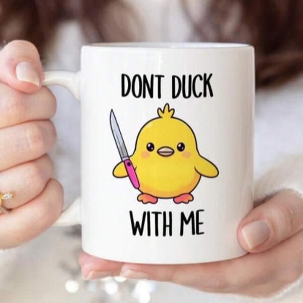 Tailorly White Ceramic 11 oz Mug - Dont Duck With Me Cute Yellow Cartoon Chick Wielding A Pink Knife In A Brave Stance Duckling