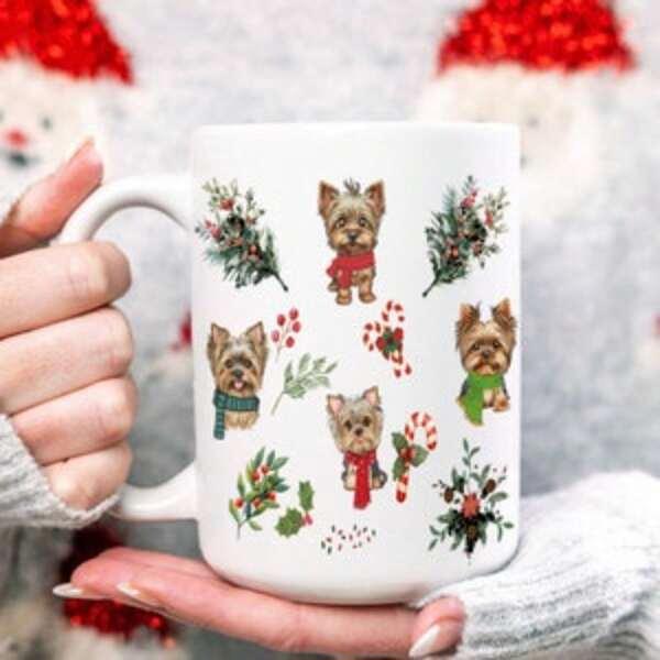 Tailorly White Ceramic 11 oz Mug - Yorkshire Terrier Dogs Wearing Festive Winter Scarves Among Berries And Candy Cane Dog