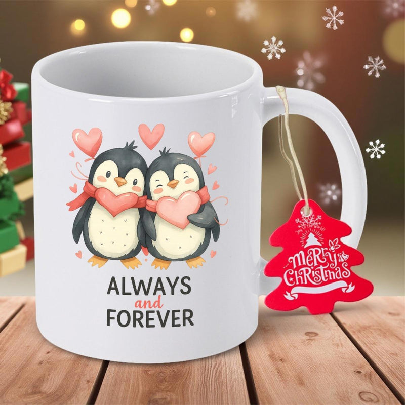 Tailorly White Ceramic 11 oz Mug - Always And Forever Two Adorable Penguins Holding Hearts Under Floating Pink Love Hearts Penguin