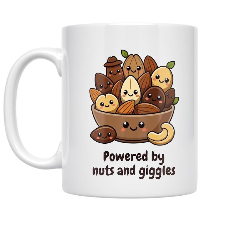 Tailorly White Ceramic 11 oz Mug - Powered By Nuts And Giggles Adorable Cartoon Assorted Nuts With Smiling Faces Inside A Brown Wooden Bowl