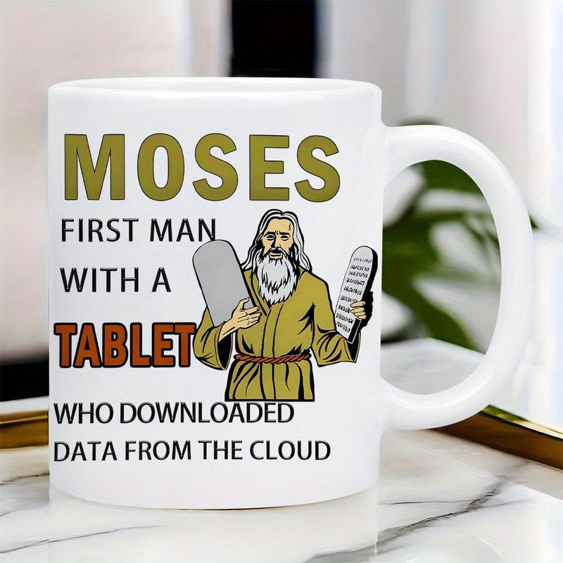 Tailorly White Ceramic 11 oz Mug - Moses First Man With A Tablet Who Downloaded Data From The Cloud Biblical Figure Holding Stone Tablets While Wearing Traditional