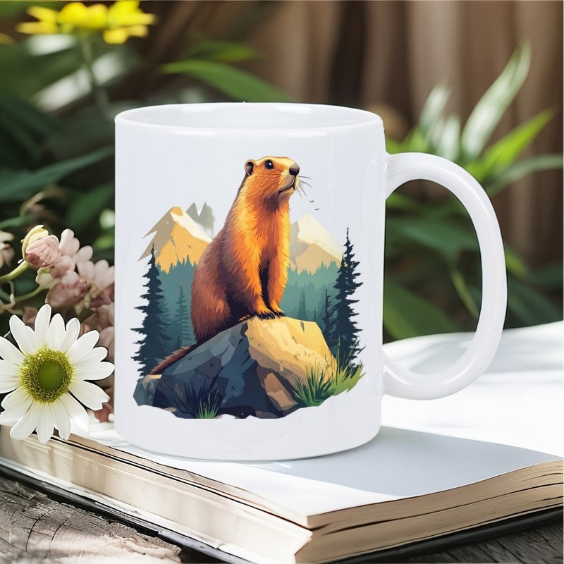 Tailorly White Ceramic 11 oz Mug - Majestic Wild Animal Perched On Stone Surrounded By Forest Trees Marmot