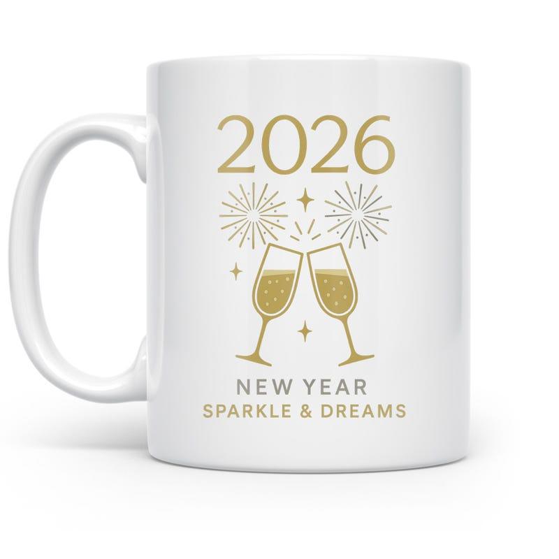 Tailorly White Ceramic 11 oz Mug - 2026 New Year Sparkle Dreams Golden Toasting Flutes Shimmering Under Sparkling Fireworks And Shining Stars Glasses