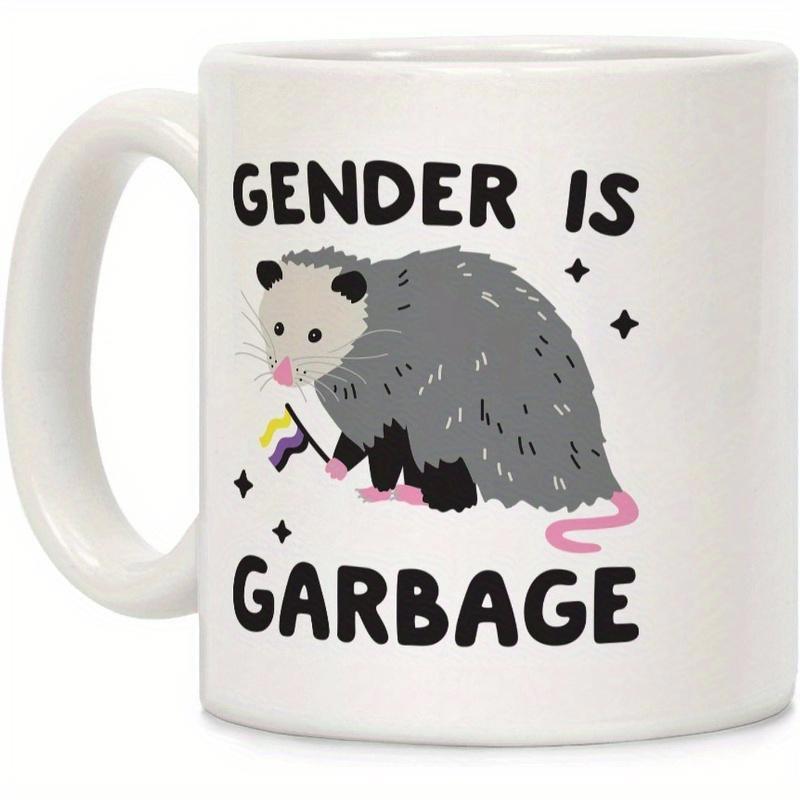 Tailorly White Ceramic 11 oz Mug - Gender Is Garbage Playful Gray Creature Holding Small Flag Among Decorative Black Sparkles Opossum