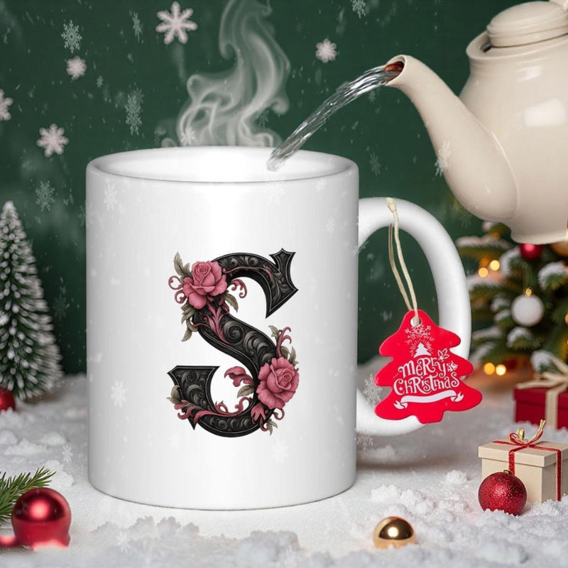 Tailorly White Ceramic 11 oz Mug - Merry Christmas Elegant Black Monogram Adorned With Delicate Pink Roses And Vintage Floral Details Letter S