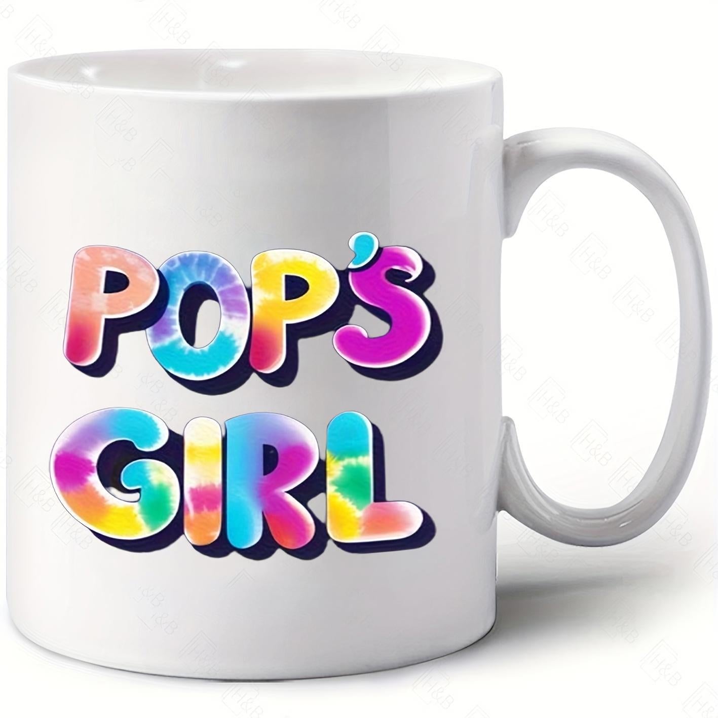 Tailorly White Ceramic 11 oz Mug - Pops Girl Vibrant Colorful Tie Dye Bubble Letters With Deep Black Drop Shadow Mug