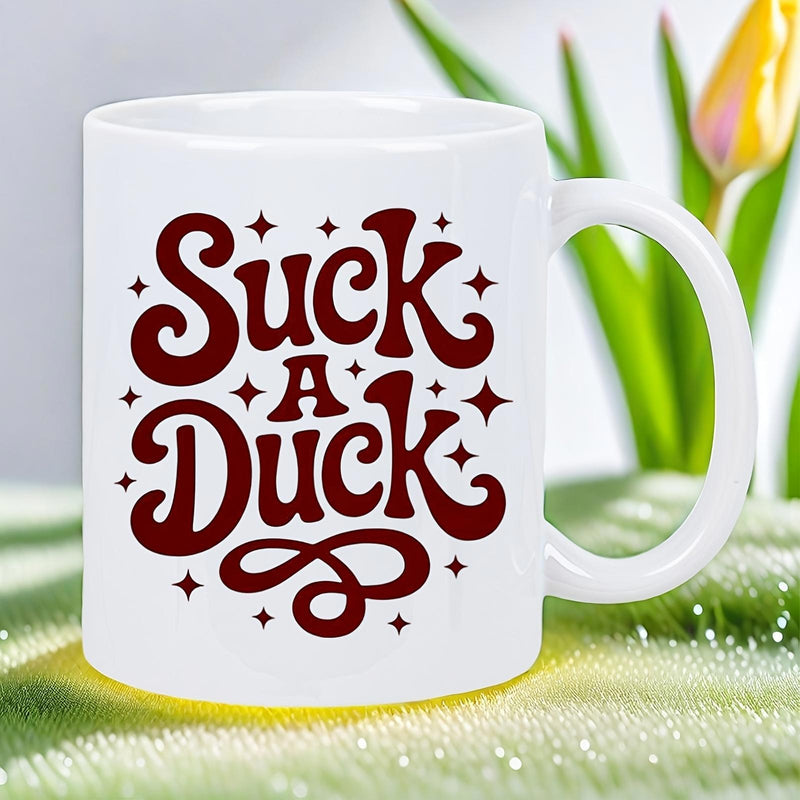 Tailorly White Ceramic 11 oz Mug - Suck A Duck Retro Groovy Lettering Surrounded By Twinkling Stars And Elegant Decorative Swirls Mug